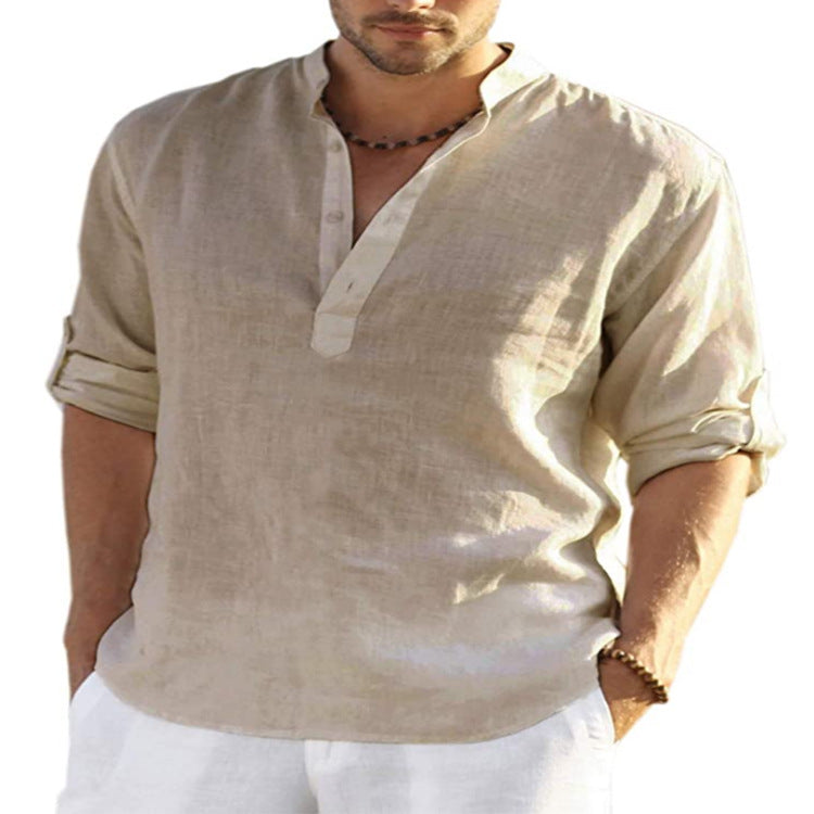 Men's cotton-linen short-sleeve shirt, khaki, stand collar button placket
