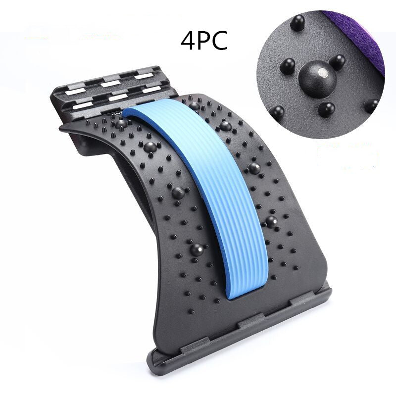 Black lumbar traction brace with light blue traction strap and studded surface.