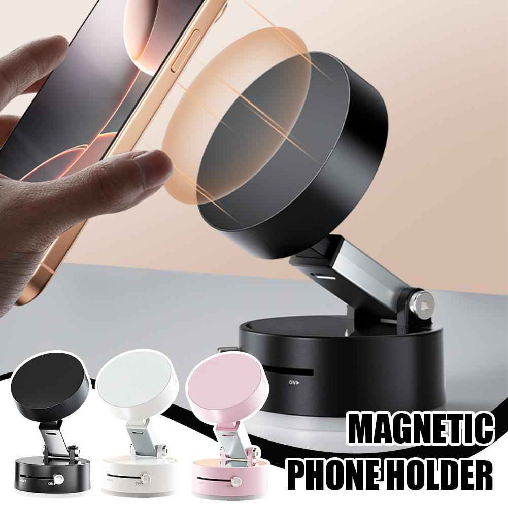 Foldable magnetic vacuum car phone holder with suction base and rotating phone mount