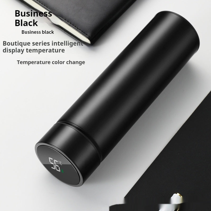 Smart temperature display insulated bottle, matte black, rounded base with green 55°C digits