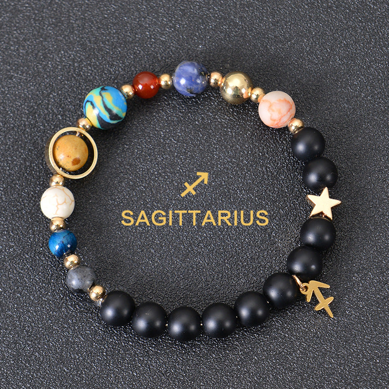 Sagittarius zodiac beaded bracelet with black matte beads, colorful stone beads, star and arrow charms