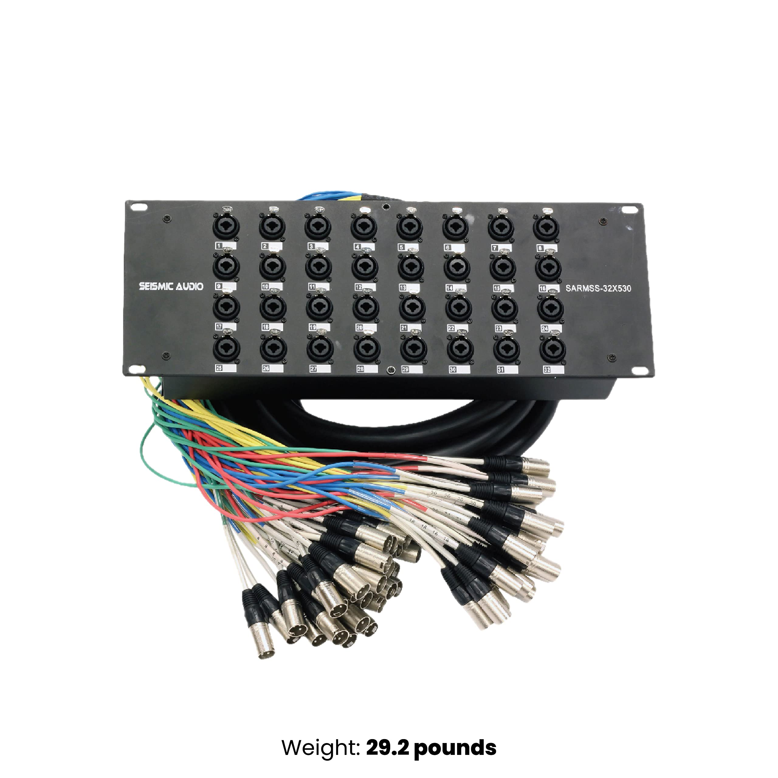 16-channel XLR/TRS splitter snake cable with black rack panel and bundled XLR trunk cables