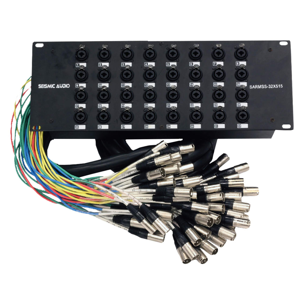 16-channel XLR/TRS splitter snake cable rack mount with bundled multi-color trunks
