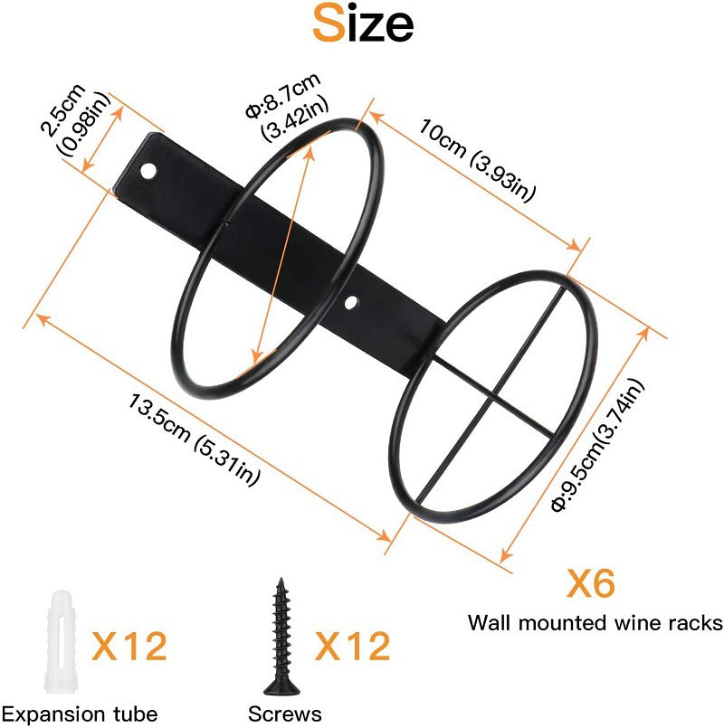 Black wall-mounted wine rack size diagram with mounting parts and screws