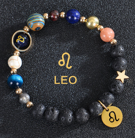 Zodiac bracelet with black lava beads and Leo charm, multicolor stone beads.