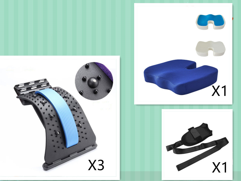 Lumbar back brace with light blue traction strap and cushioned studded pads.