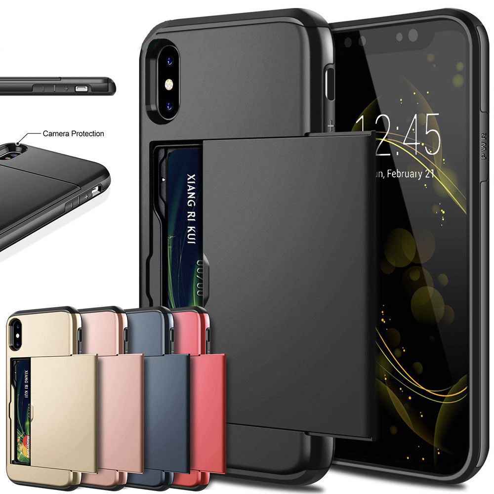 Mobile phone card case with card slots, black snap-on holder for phone protection