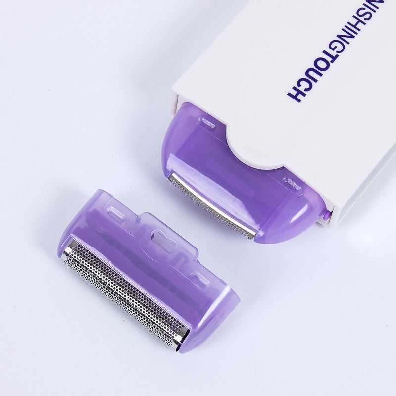 Hair removal shaver with exposed metal head and purple attachment covers