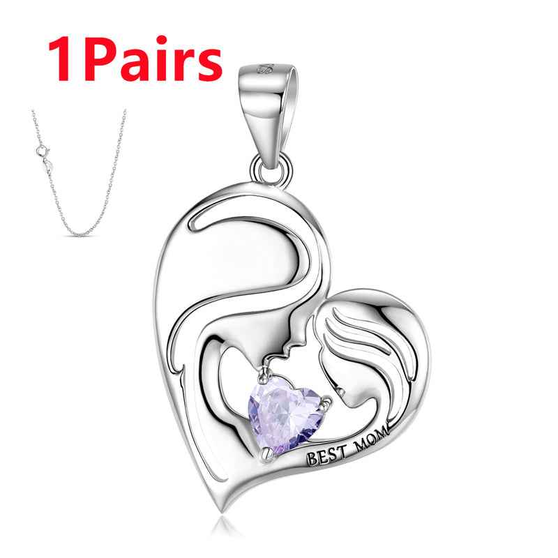 S925 sterling silver heart necklace pendant with purple gemstone and Best Mom engraving