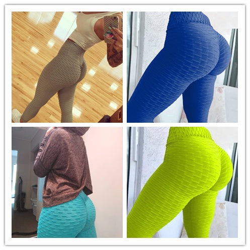 Scrunch leggings collage in beige, blue, brown, teal, and lime, full length.