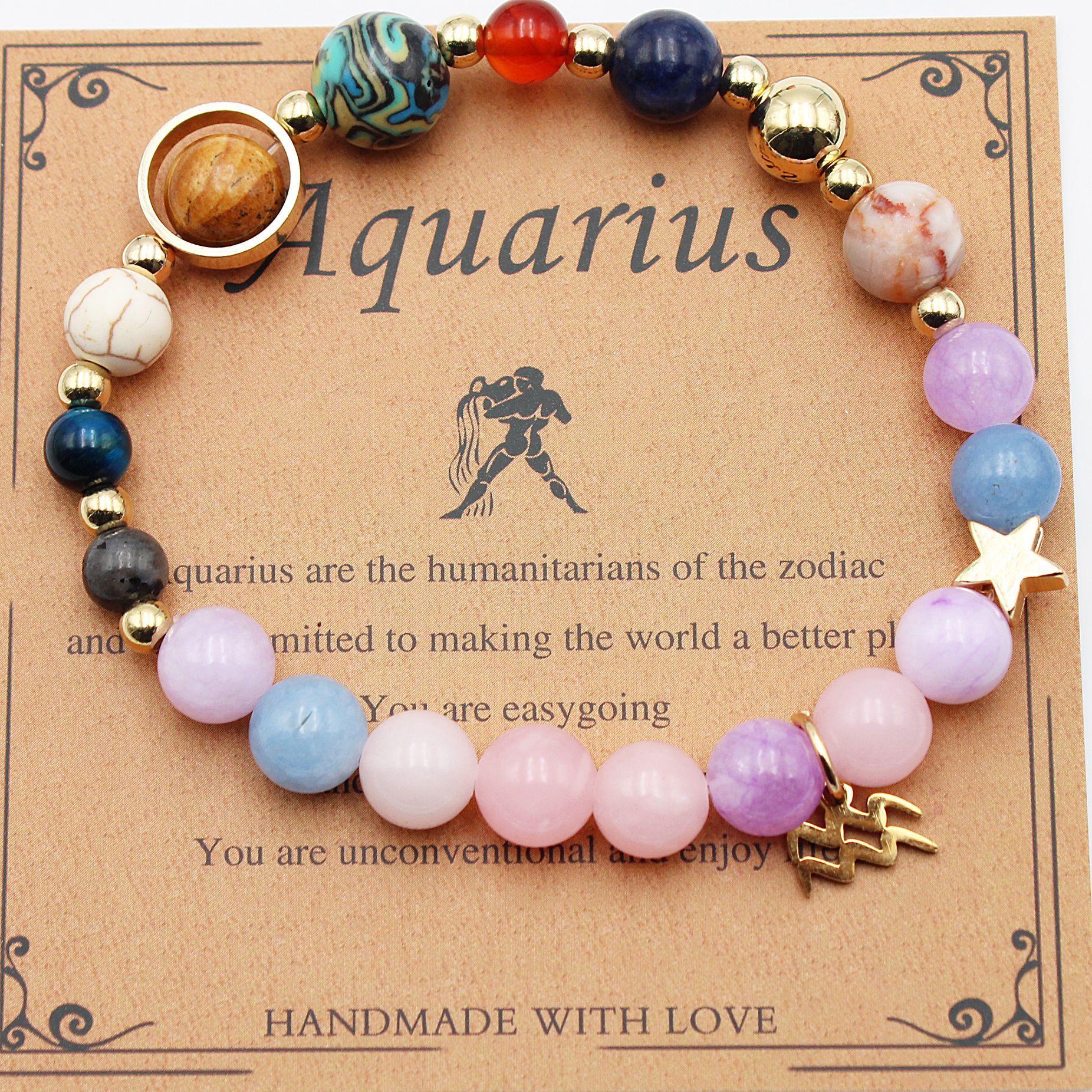 Aquarius zodiac beaded bracelet with pastel beads and gold-tone star charm