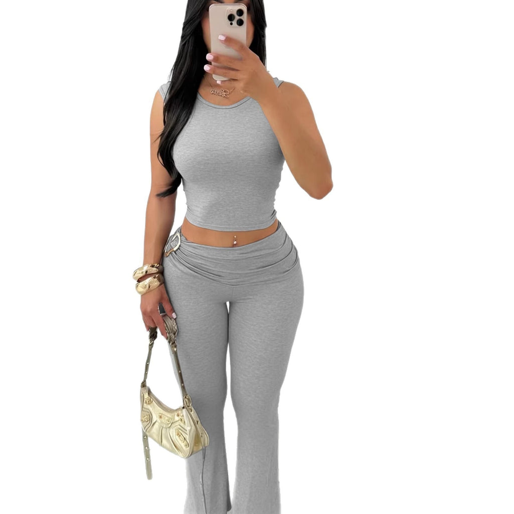 Womens sleeveless crop top and bodycon flare pants set, gray