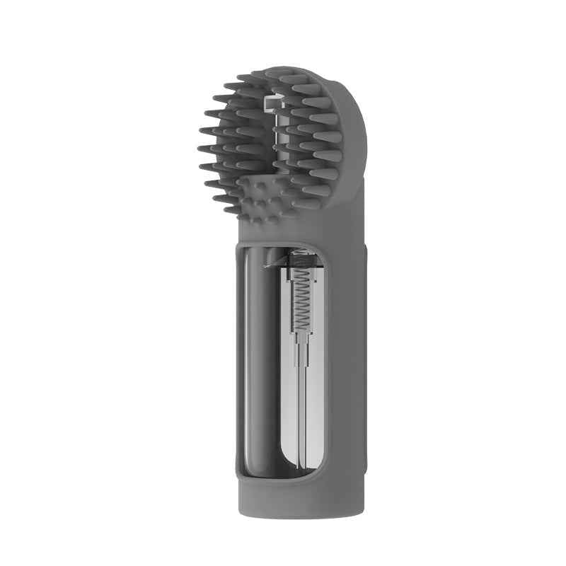 Pet bath brush with gray silicone bristle head and clear inner dispensing chamber
