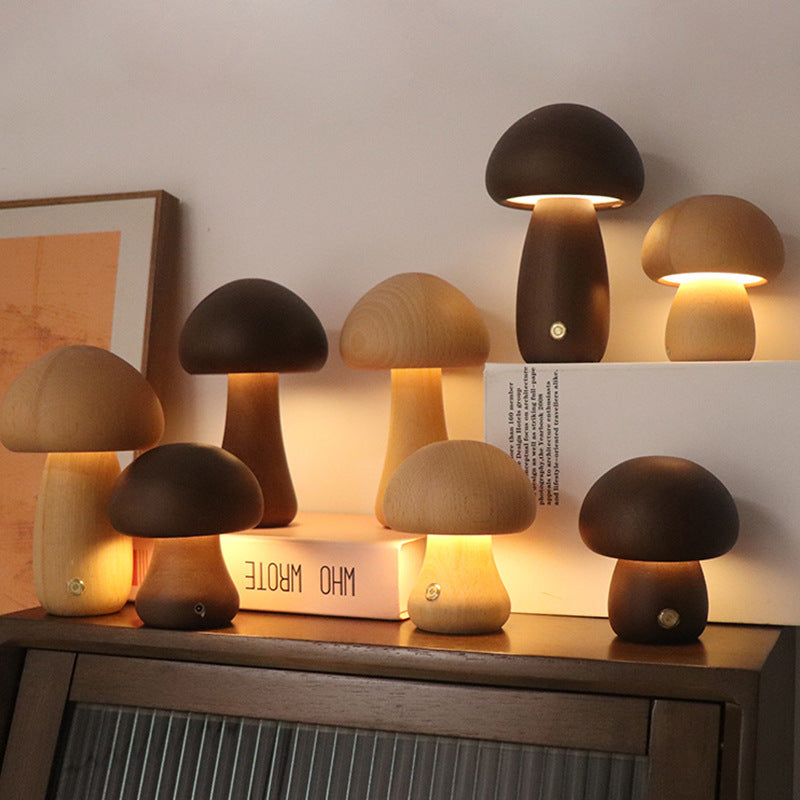 Wooden mushroom LED night light set, with dark and light lamp heads glowing
