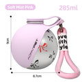 Soft mist pink stainless steel pet water bottle with handle and pink loop strap.