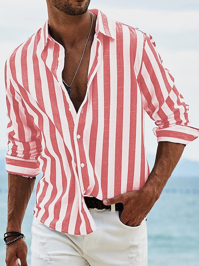 Men's red-and-white striped button-front shirt, long sleeves