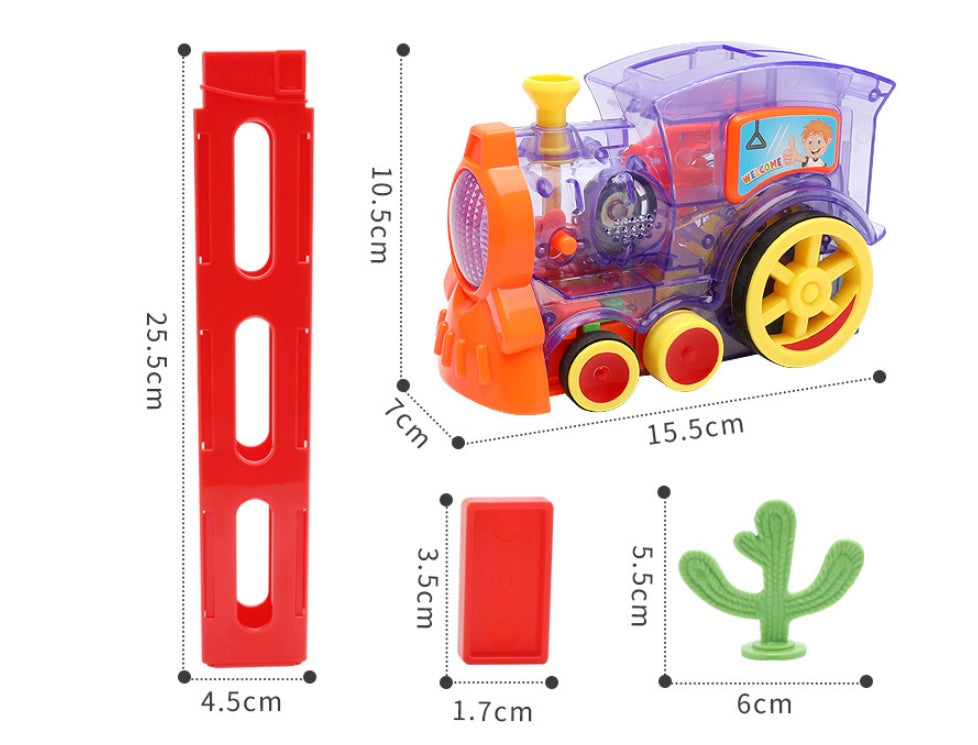 Domino train toy size chart with clear purple engine, orange parts, red rail piece