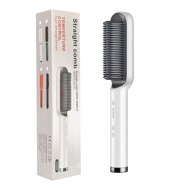 White 2-in-1 hair straightener and hot comb with retail box packaging