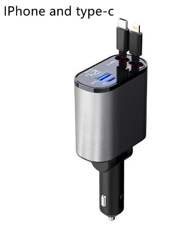 Metal car charger with USB-A and Type-C ports, silver-and-black body