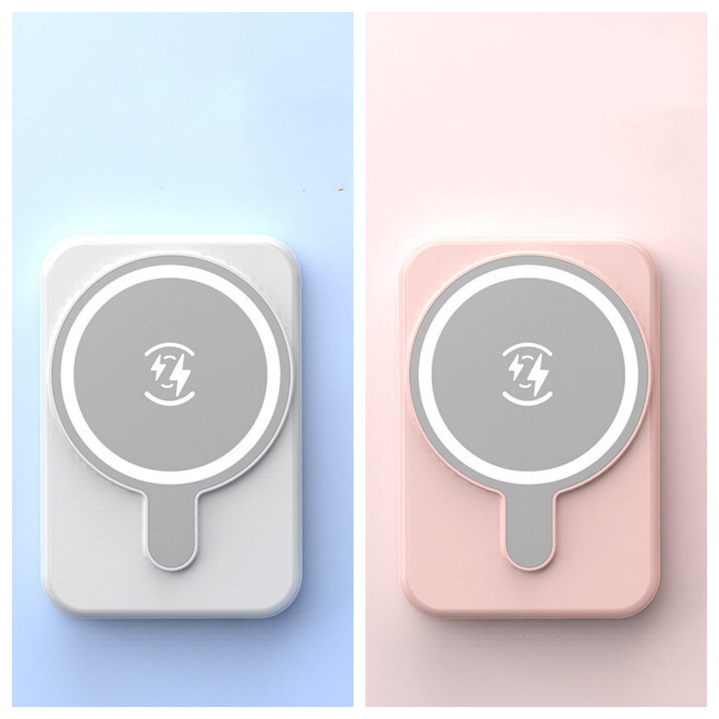 Mini magnetic wireless power bank, white and pink, with Qi charging symbol.