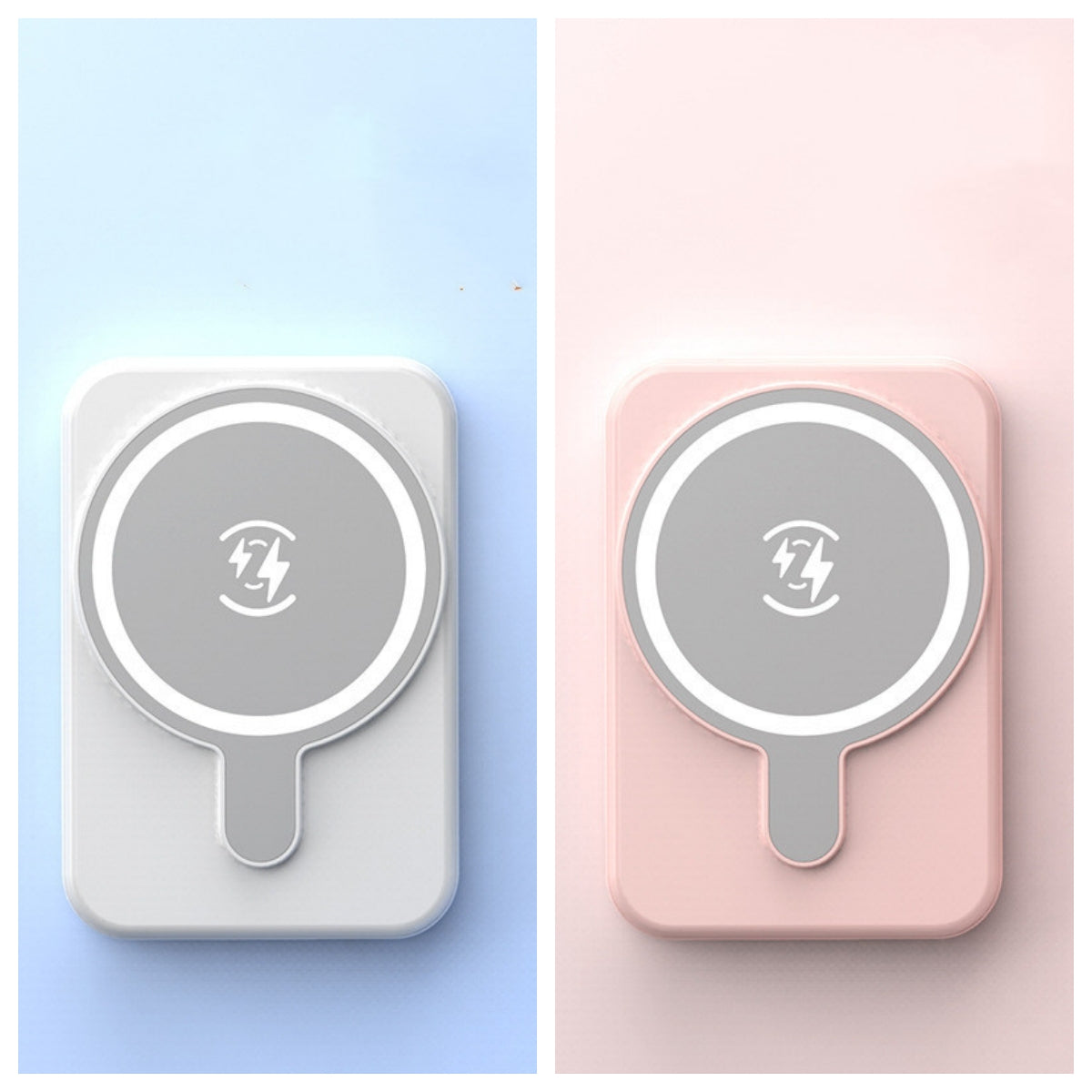Mini magnetic wireless power bank, white and pink, with Qi charging symbol.
