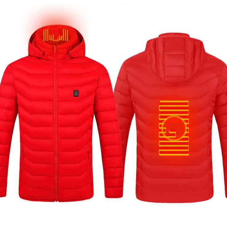 Red heated puffer jacket with front and back glowing heater bars