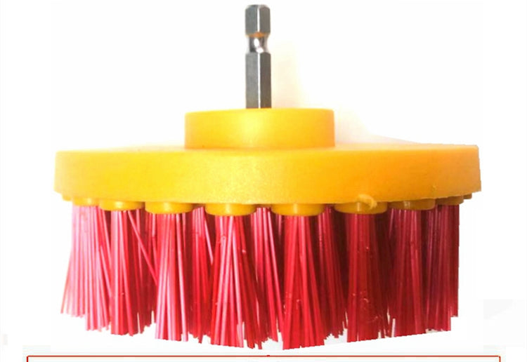 Electric drill cleaning brush head with yellow housing and red bristles