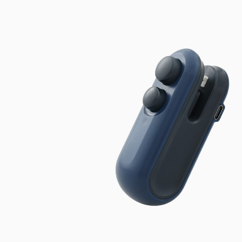 Handheld blue heat sealer with dual buttons and USB port on side
