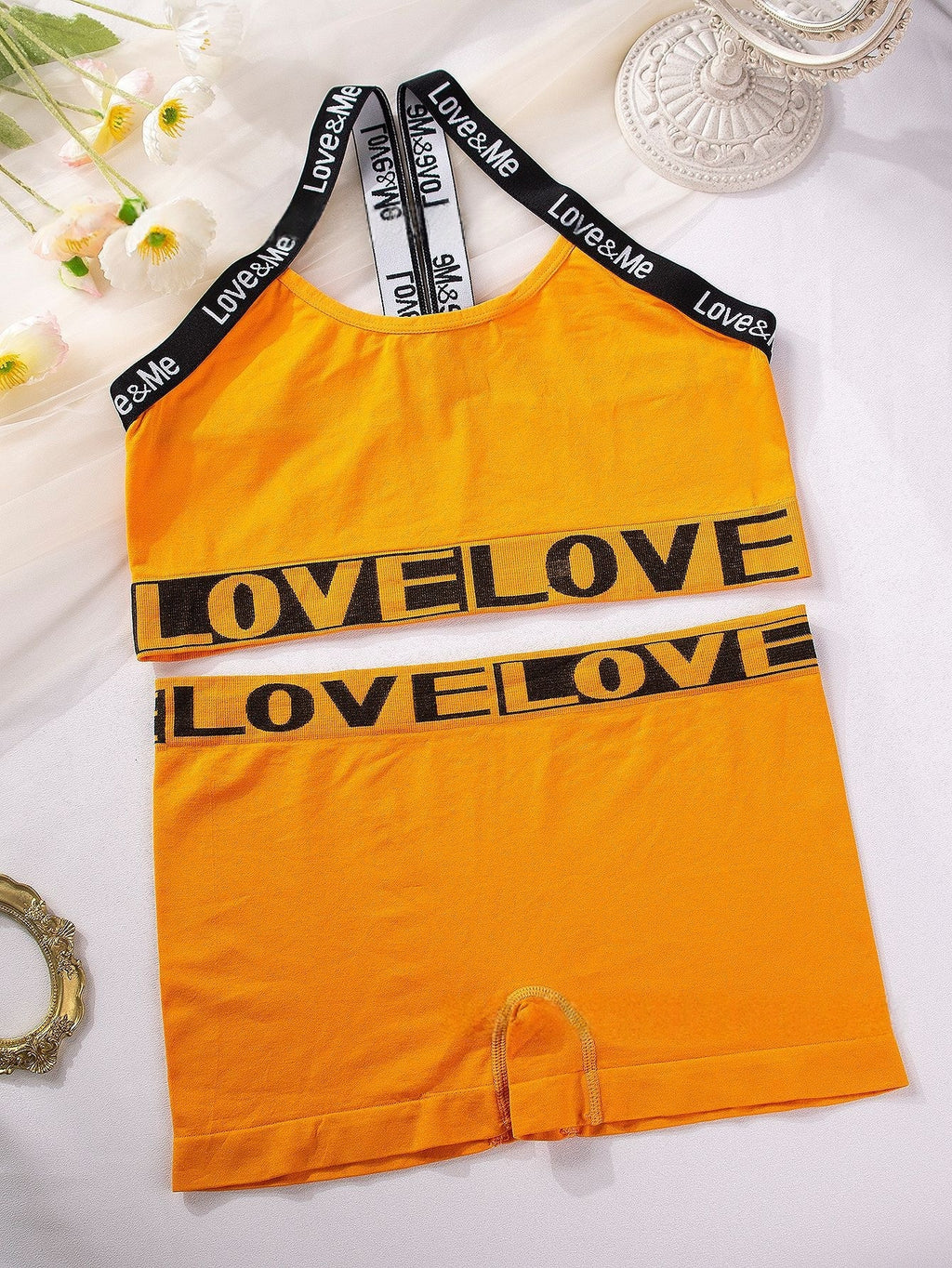 Camisole bra set in orange yellow with LOVE LOVE letter band and shorts