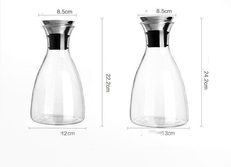Clear glass bottle with black neck collar, 22cm height and 12cm width (approx)