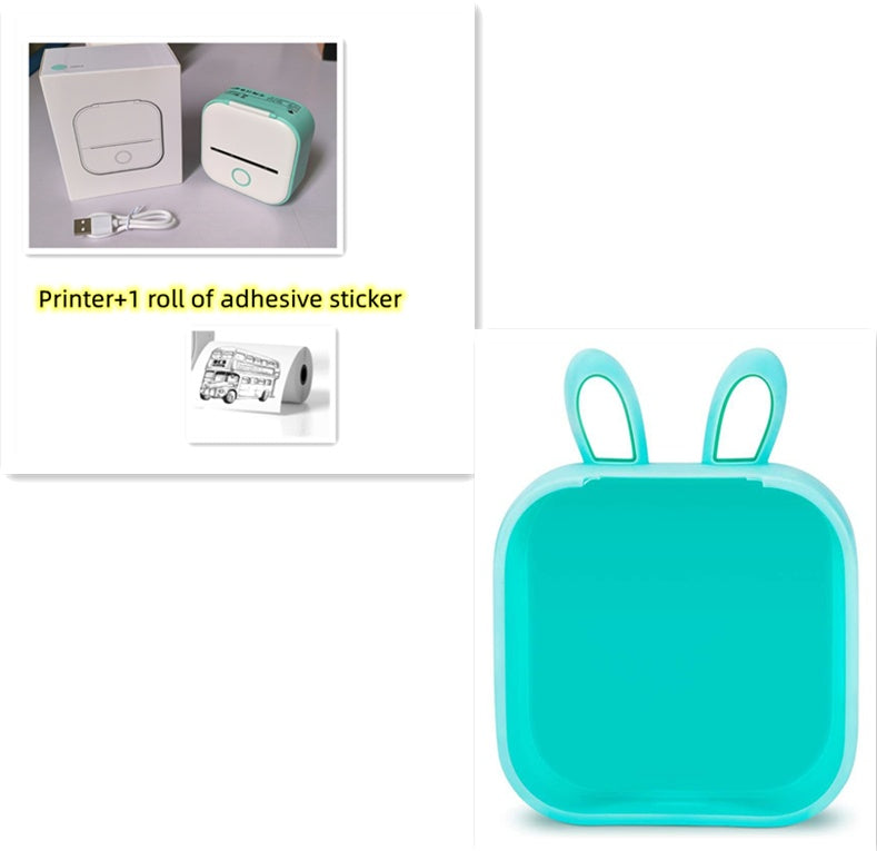 Portable mini thermal label printer with adhesive sticker roll, teal bunny-shaped case