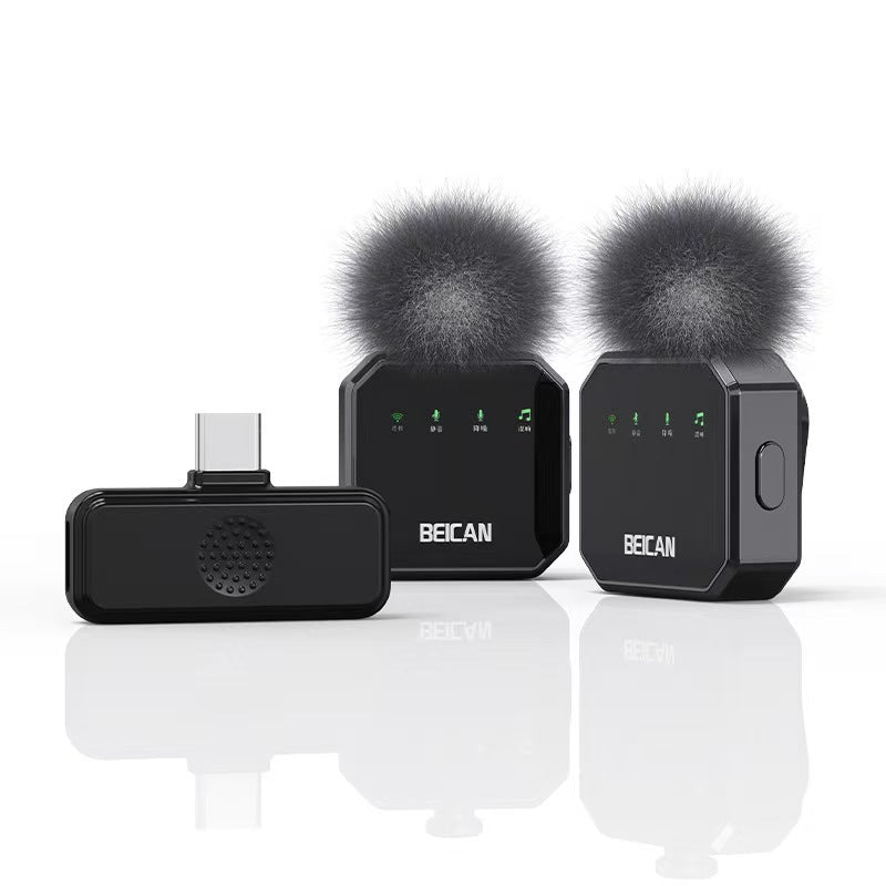 Wireless lavalier microphone set with black clip-on mic and dual foam-windscreen receiver units
