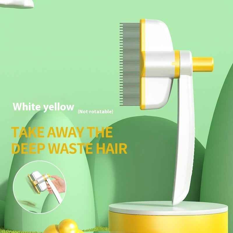 Pet grooming comb brush in white and yellow, stationary comb head with dense pins