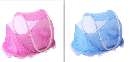 Two-piece foldable baby bed net set, one pink and one blue arched mesh canopy
