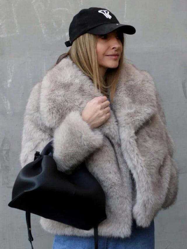 Winter plush faux fur coat with shawl collar, long sleeves, light beige, front open