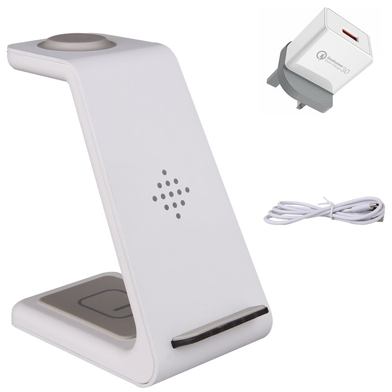 White wireless phone charger stand with wall plug and coiled charging cable