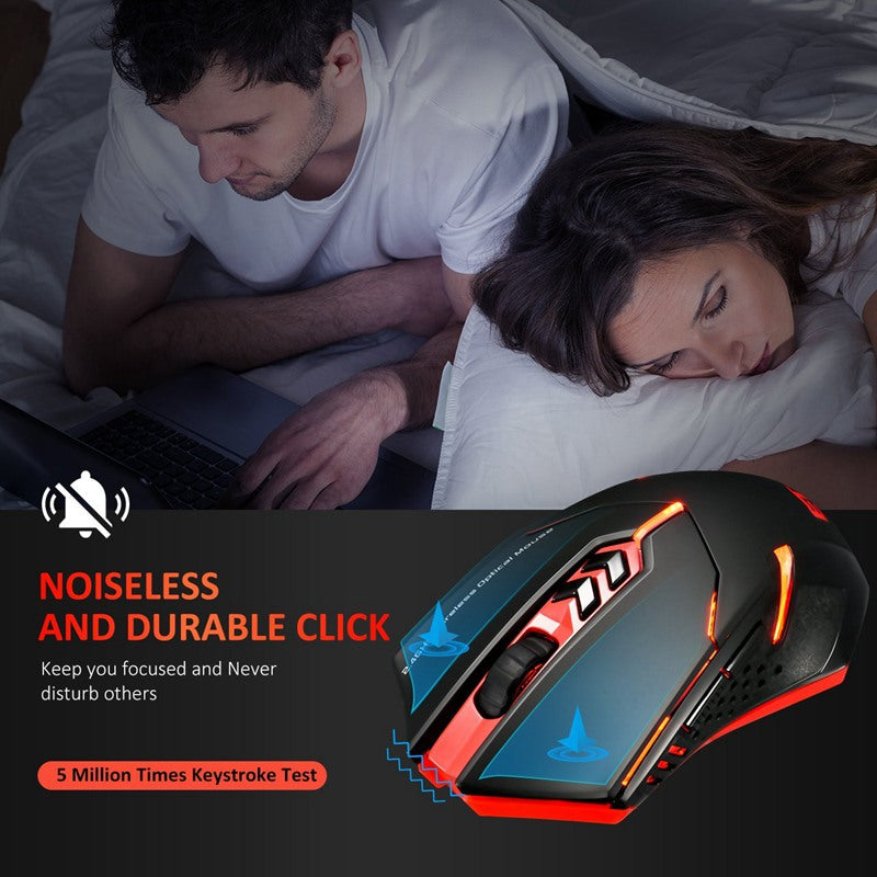 Black wireless gaming mouse with red highlights and glowing side LEDs, angled view