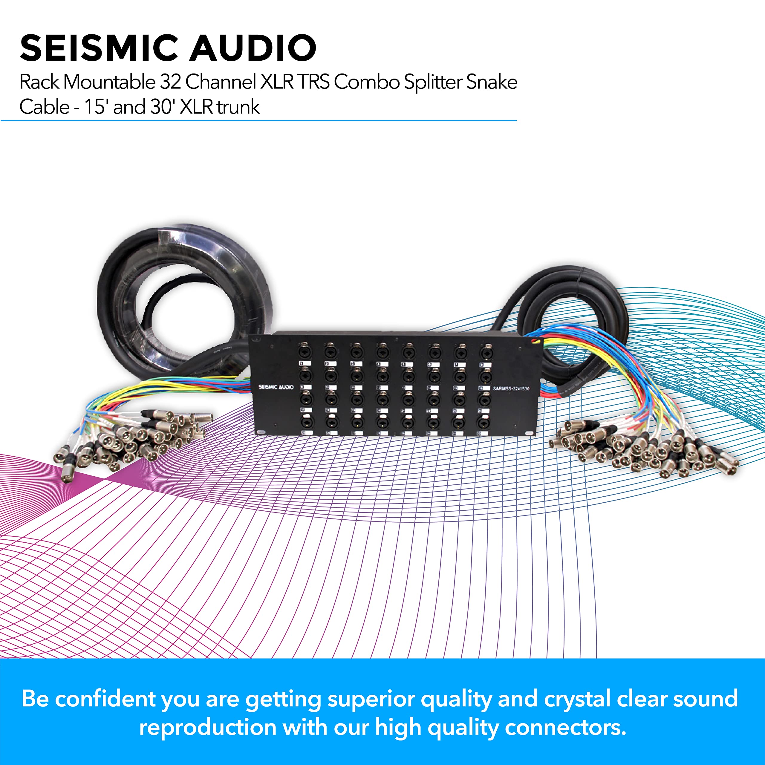 Rack-mount audio splitter snake with multicolor cable trunks and labeled connector fanouts.