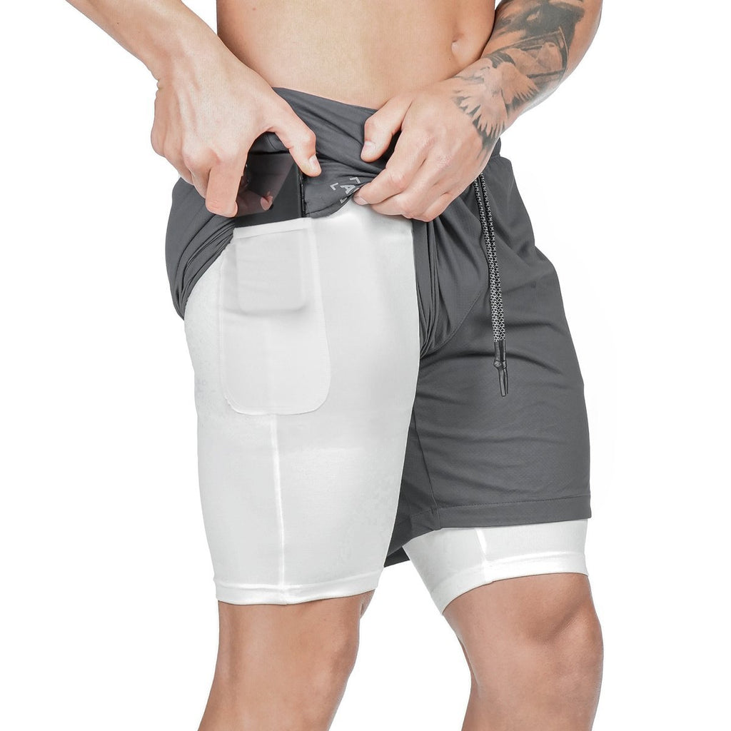 Compression shorts with phone pocket, gray with white panel, drawstring, elastic waistband