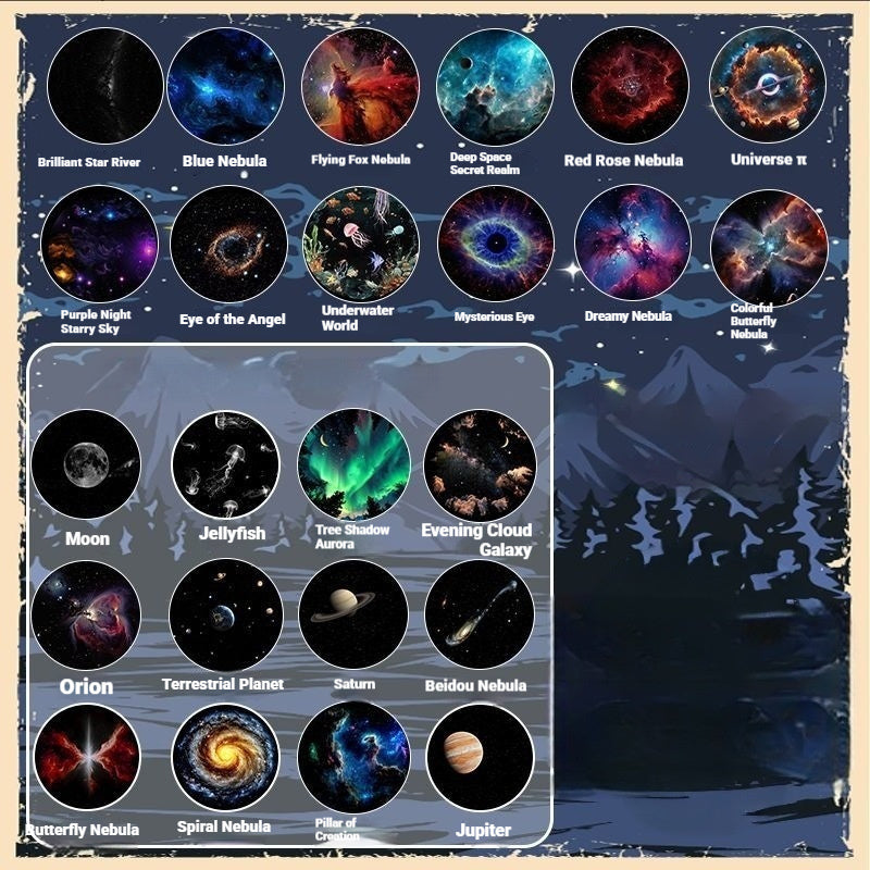 Star night light projection chart with multiple nebula and planet pattern circles