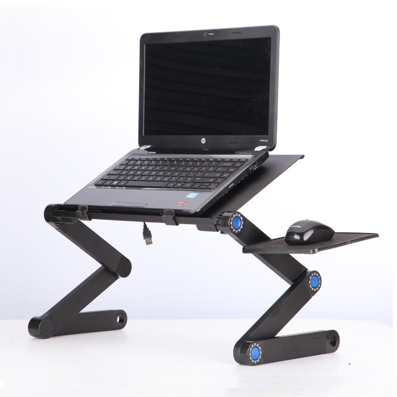 Black adjustable laptop stand with mouse pad, holding a laptop on open frame