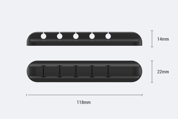 Black silicone cable organizer bar dimensions diagram, 118mm long