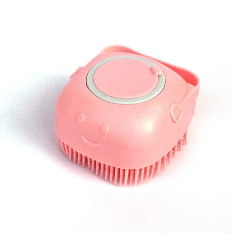 Silicone pet bath massage brush, pink round head with smiling face panel