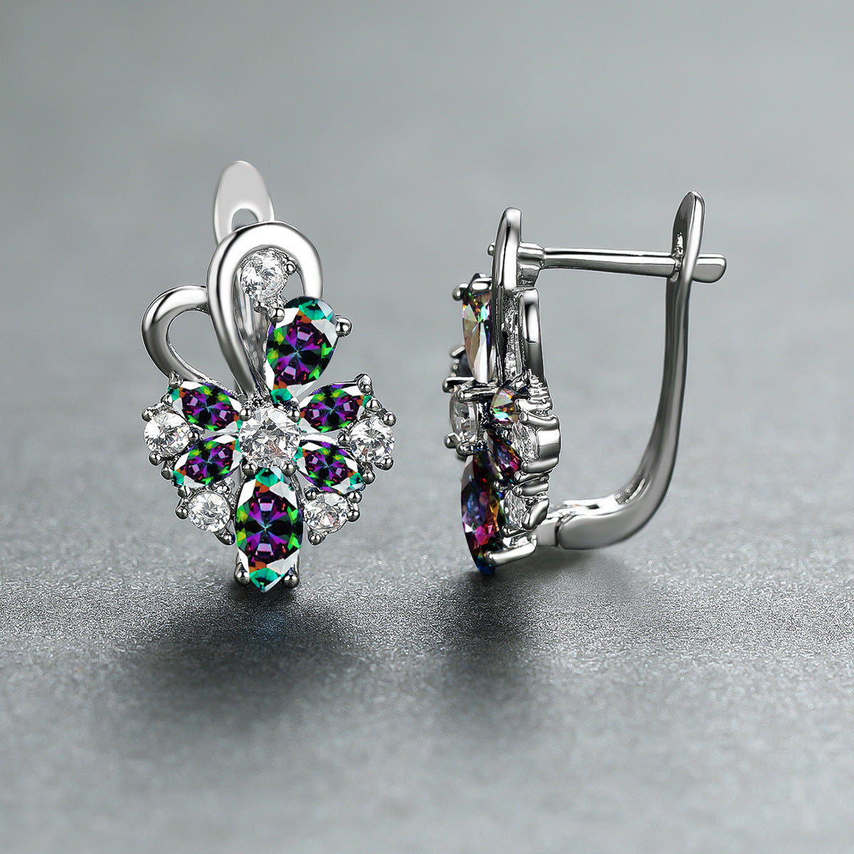 Flower drop-shaped zircon earrings with multicolor stones in silver-tone settings