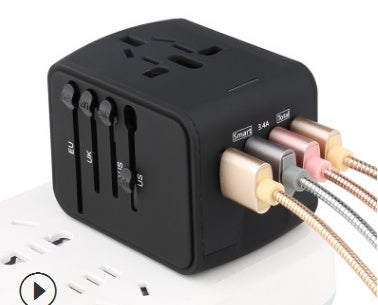 Multi-function socket adapter in black with multi-port top and connected cables