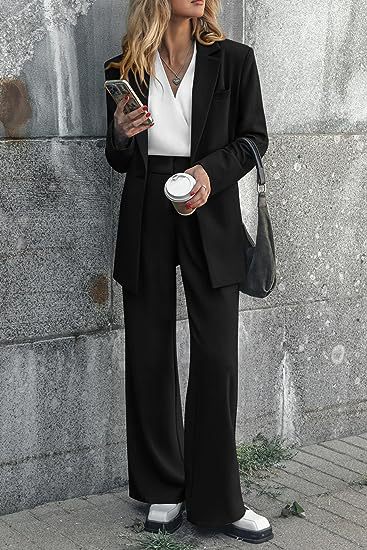 Women’s black coat and trousers suit, blazer jacket with wide-leg pant legs