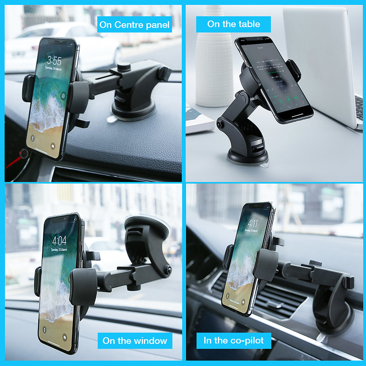 Black telescopic car phone holder with suction mount and adjustable viewing arm