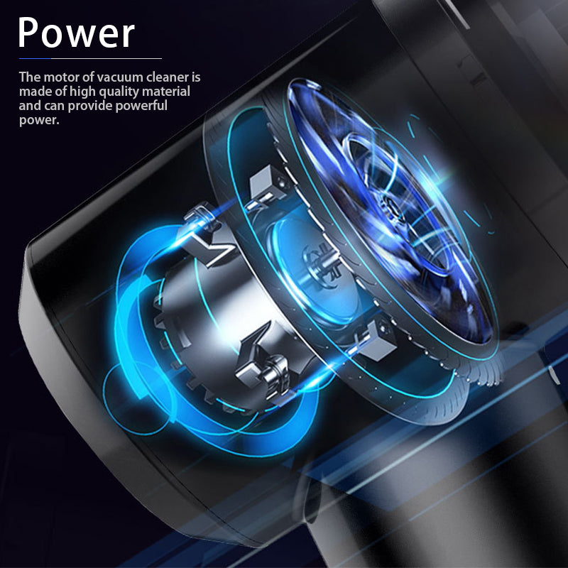 Wireless car vacuum cleaner with black body and circular fan airflow vents illustration.