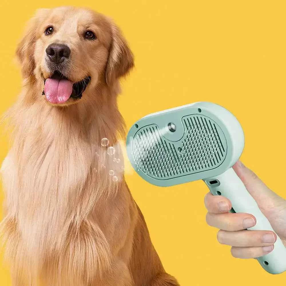 Pet hair grooming brush comb with mint head, held near a golden dog