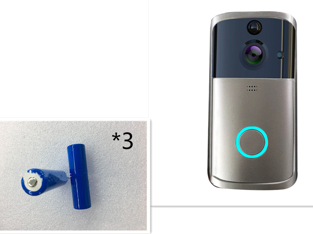 Silver WiFi video doorbell camera with blue status ring and wall mounting screws